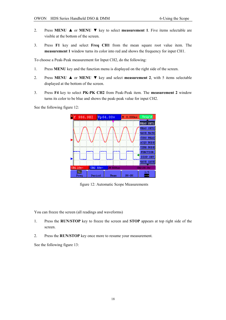11 freezing the screen | OWON HDS Series User Manual | Page 26 / 72