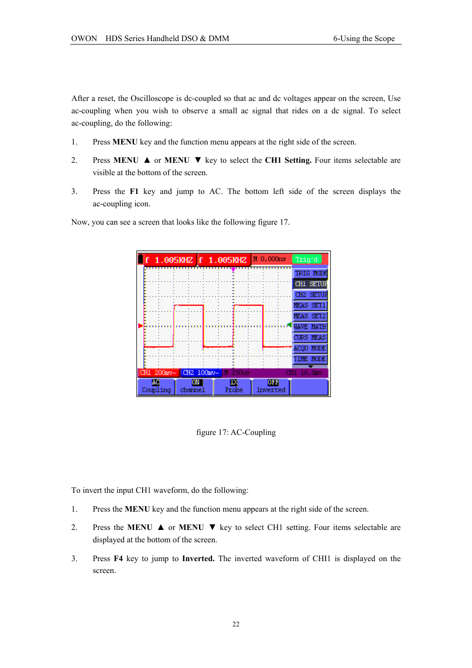 15 selecting ac-coupling | OWON HDS Series User Manual | Page 30 / 72
