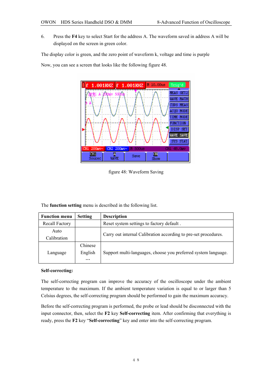 9 function setting menu, Setting | OWON HDS Series User Manual | Page 56 / 72
