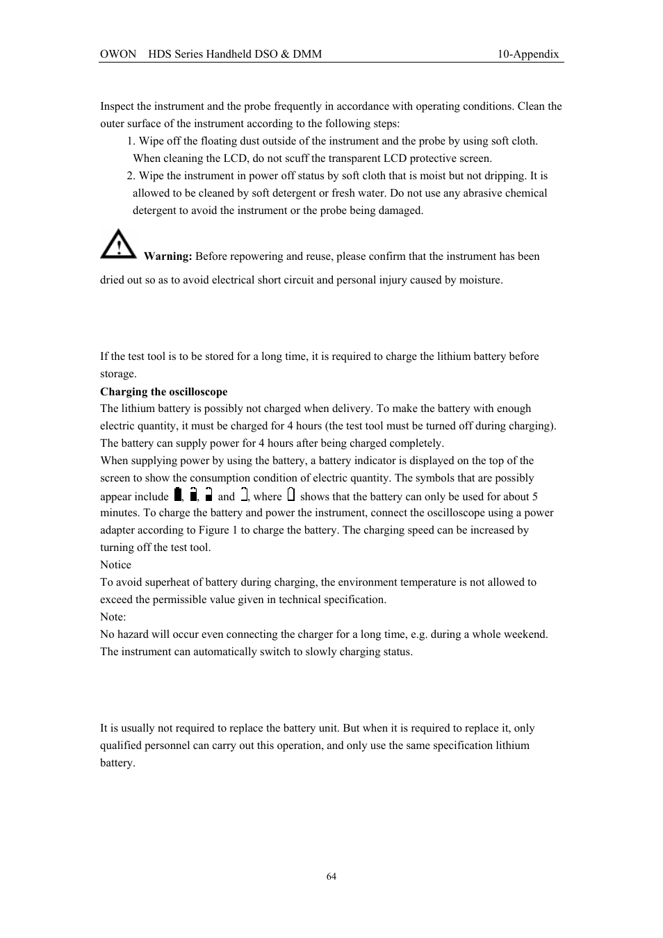 2 storage of oscilloscope, 3 replacing the lithium battery unit | OWON HDS Series User Manual | Page 72 / 72