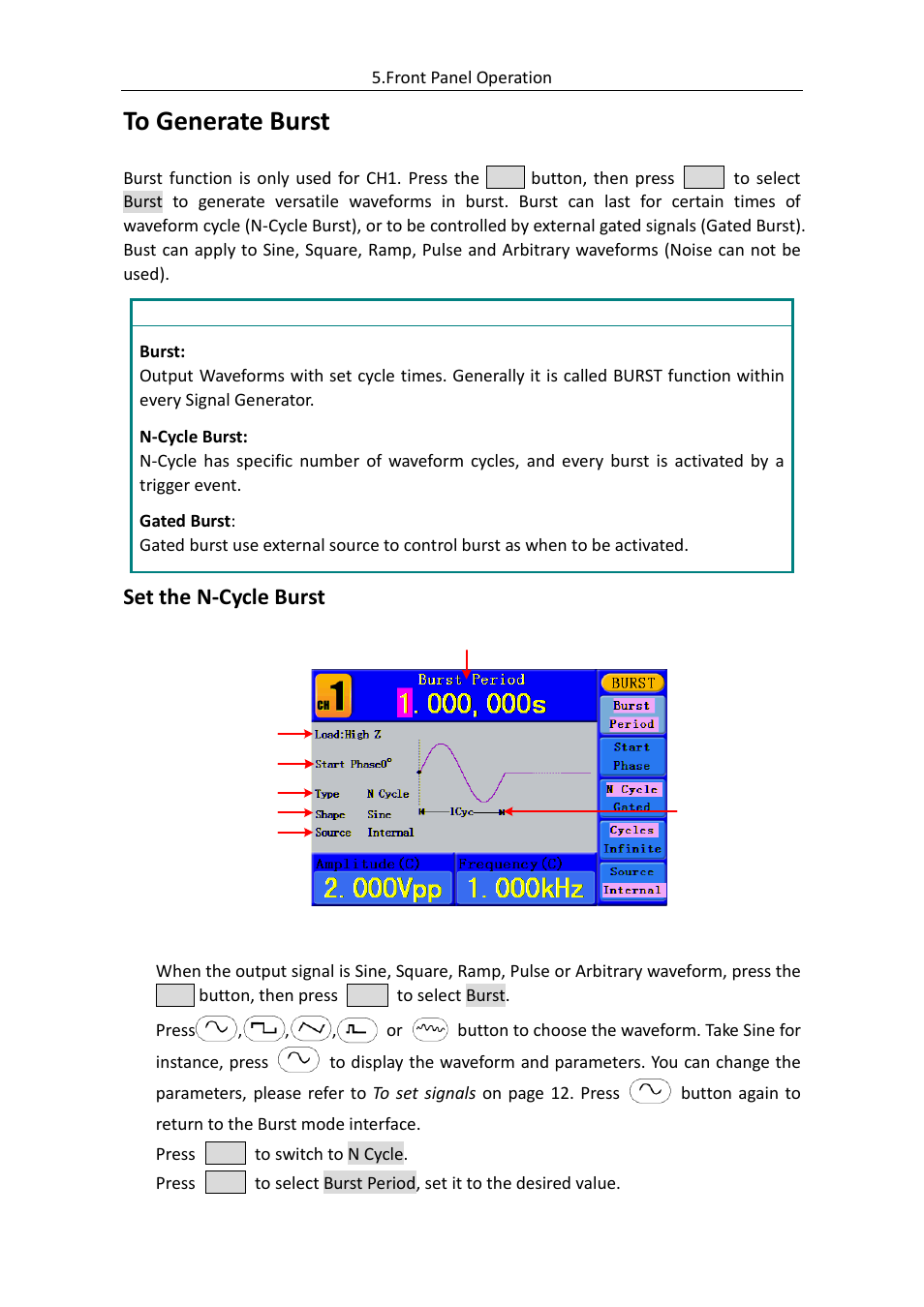 To generate burst, Set the n-cycle burst | OWON AG (-F) Series User Manual | Page 36 / 52
