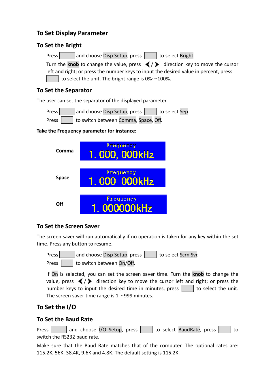 To set display parameter, To set the bright, To set the separator | To set the screen saver, To set the i/o, To set the baud rate | OWON AG1022 User Manual | Page 31 / 41