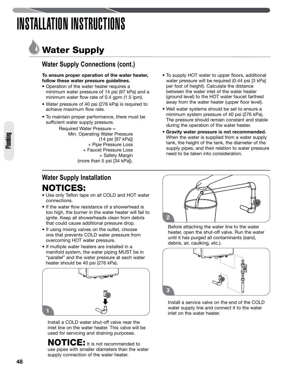 Installation instructions, Water supply, Notices | Notice, Plumbing, Water supply installation, Water supply connections (cont.) | Paloma PHH-32 part 2 User Manual | Page 12 / 36