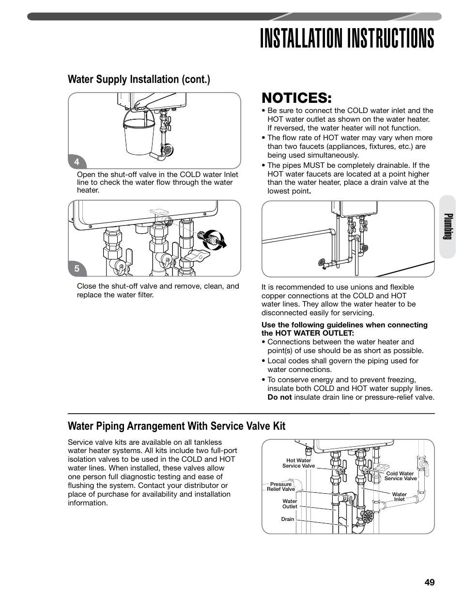 Installation instructions, Notices, Plumbing | Water piping arrangement with service valve kit, Water supply installation (cont.) | Paloma PHH-32 part 2 User Manual | Page 13 / 36