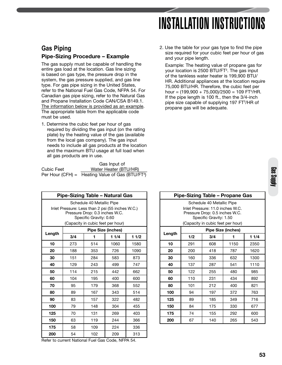 Installation instructions, Gas supply, Gas piping | Pipe-sizing procedure – example | Paloma PHH-32 part 2 User Manual | Page 17 / 36