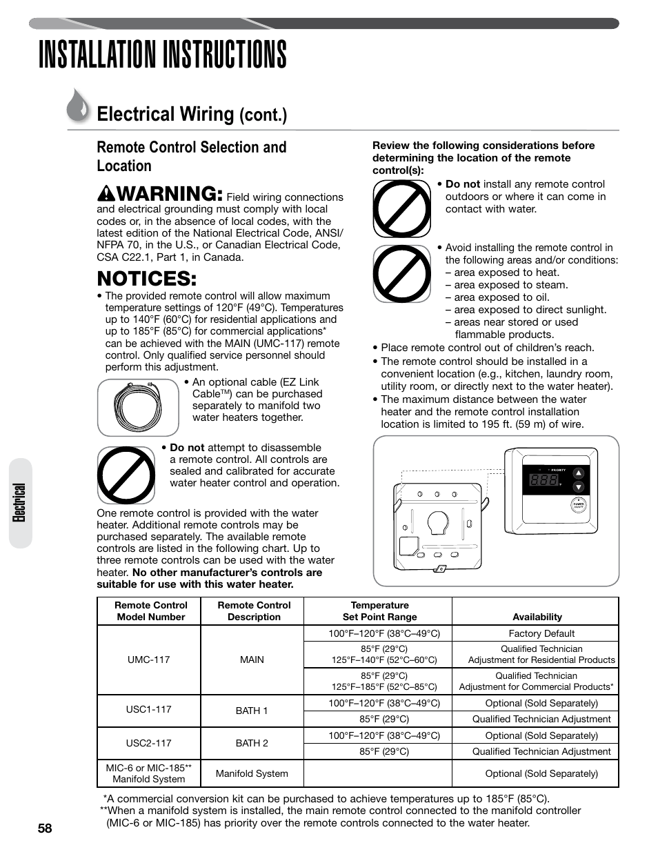 Installation instructions, Warning, Notices | Electrical wiring, Cont.), Electrical, Remote control selection and location | Paloma PHH-32 part 2 User Manual | Page 22 / 36