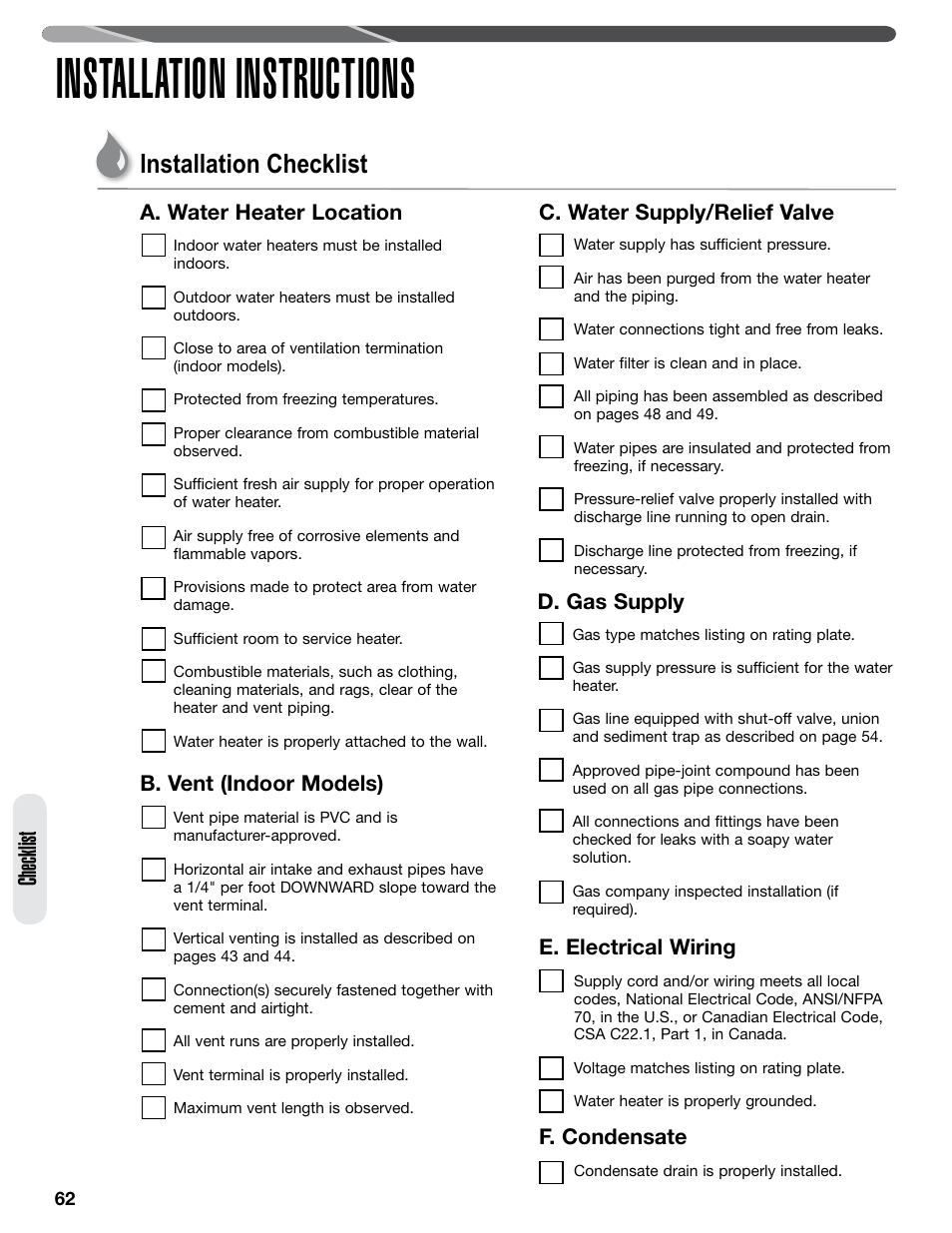 Installation instructions, Installation checklist, Checklist | F. condensate, A. water heater location b. vent (indoor models), C. water supply/relief valve, D. gas supply, E. electrical wiring | Paloma PHH-32 part 2 User Manual | Page 26 / 36