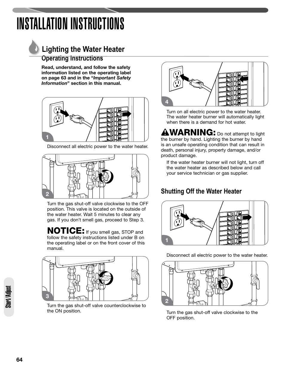 Installation instructions, Notice, Warning | Lighting the water heater, Start/adjust, Operating instructions, Shutting off the water heater | Paloma PHH-32 part 2 User Manual | Page 28 / 36