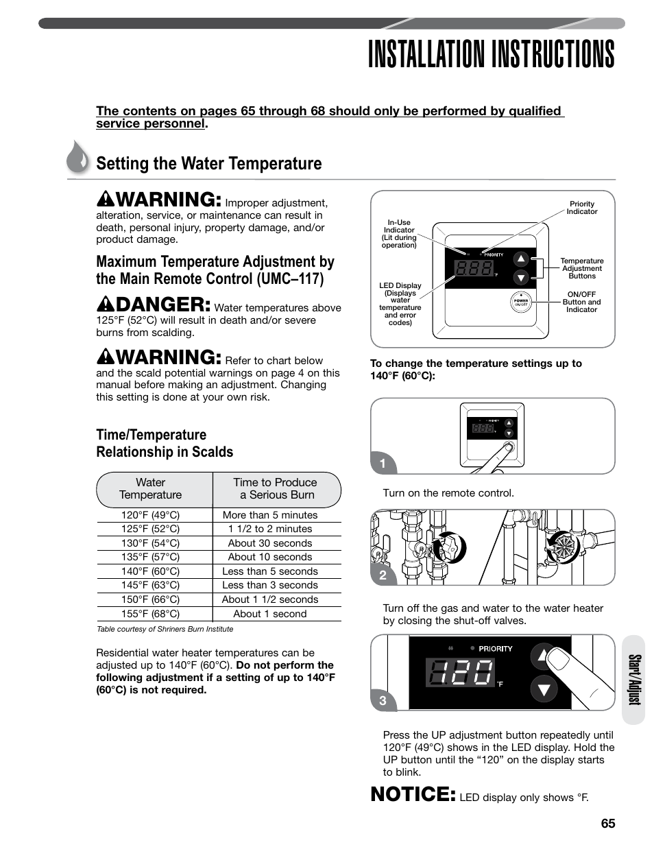 Installation instructions, Warning, Danger | Notice, Setting the water temperature, Start/adjust, Time/temperature relationship in scalds | Paloma PHH-32 part 2 User Manual | Page 29 / 36