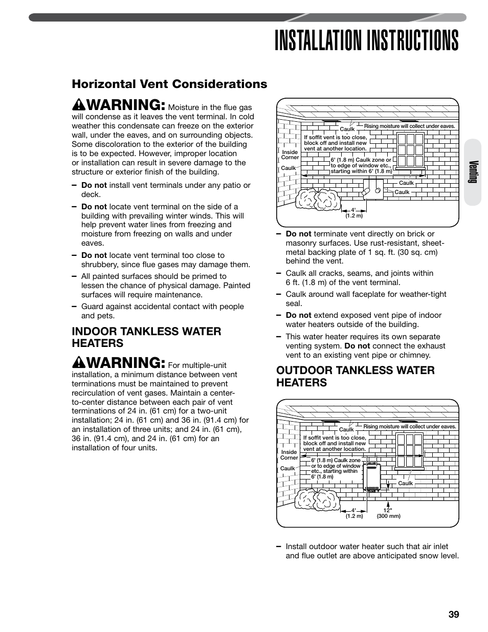 Installation instructions, Warning, Venting | Horizontal vent considerations, Indoor tankless water heaters, Outdoor tankless water heaters | Paloma PHH-32 part 2 User Manual | Page 3 / 36