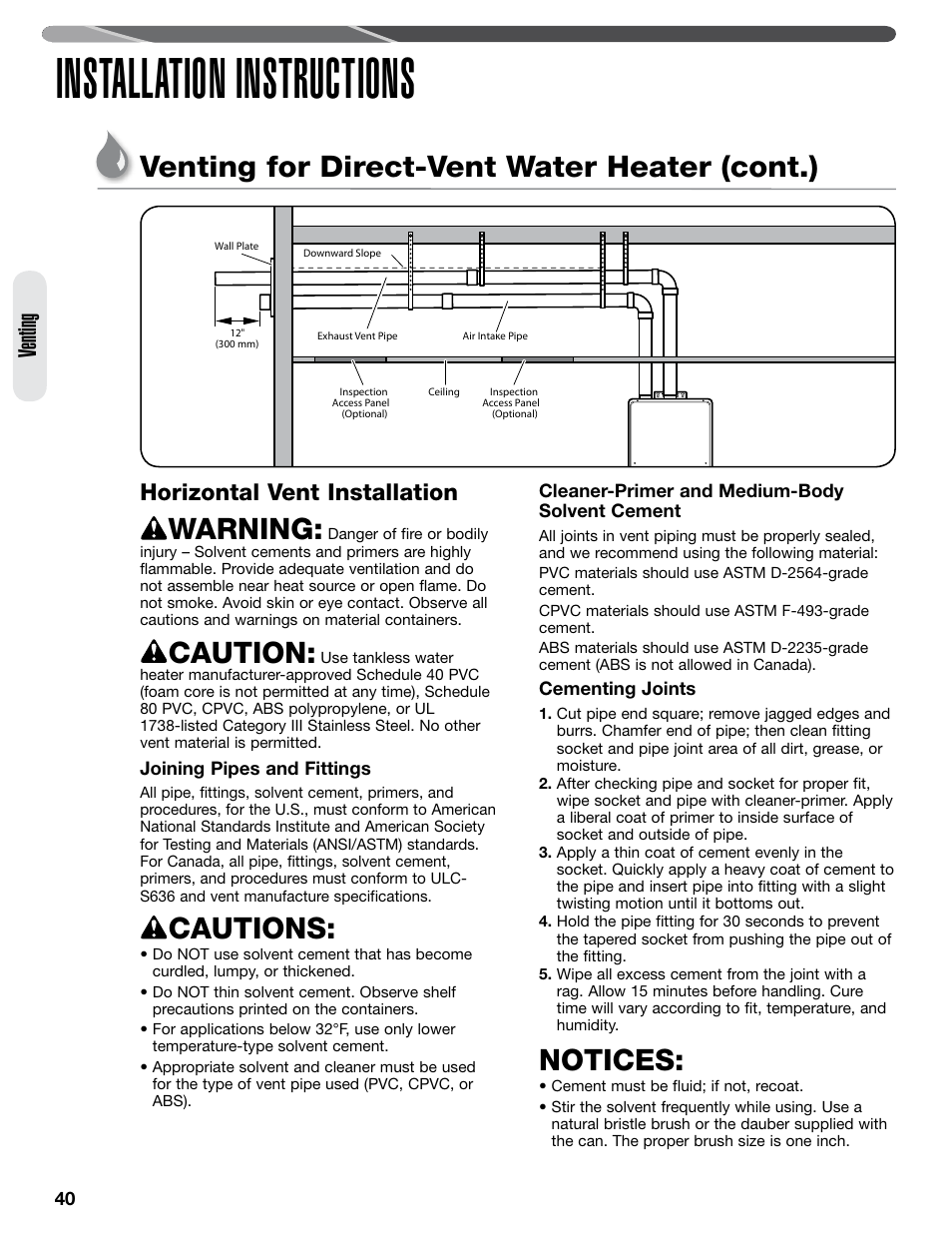 Installation instructions, Venting for direct-vent water heater (cont.), Warning | Caution, Cautions, Notices, Venting, Horizontal vent installation | Paloma PHH-32 part 2 User Manual | Page 4 / 36