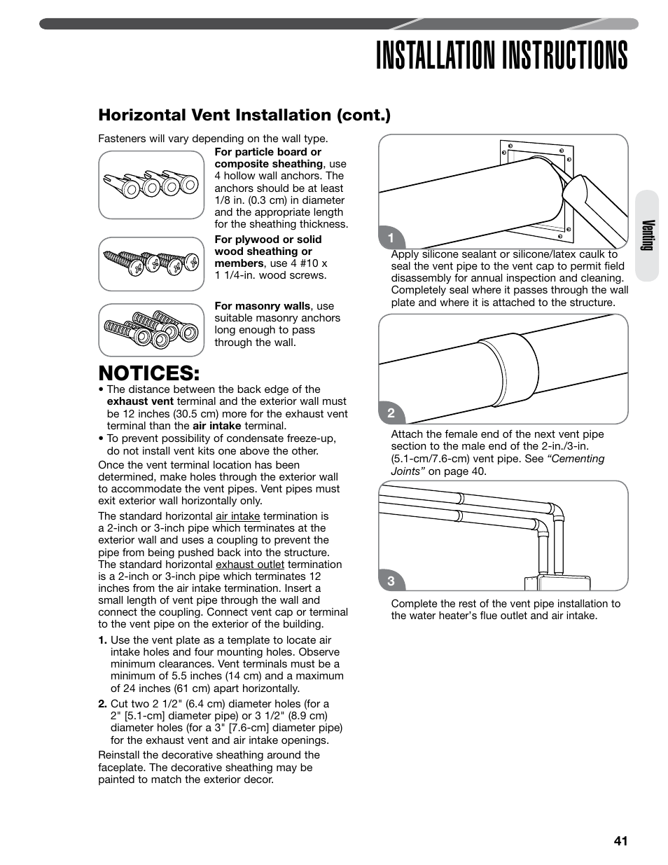 Installation instructions, Notices, Venting | Horizontal vent installation (cont.) | Paloma PHH-32 part 2 User Manual | Page 5 / 36