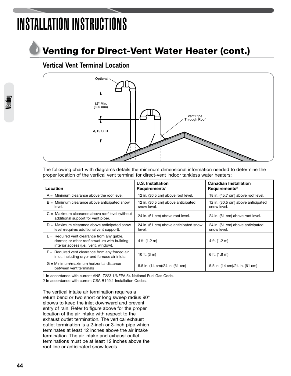 Installation instructions, Venting for direct-vent water heater (cont.), Venting | Vertical vent terminal location | Paloma PHH-32 part 2 User Manual | Page 8 / 36