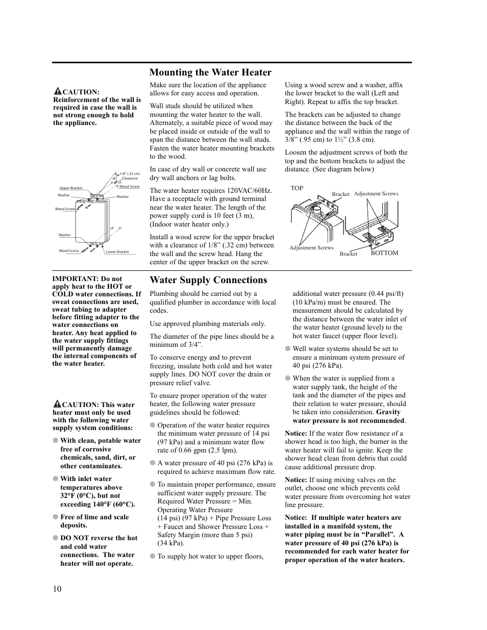 Water supply connections, Mounting the water heater | Paloma PH-28c Indoor and Outdoor User Manual | Page 10 / 40