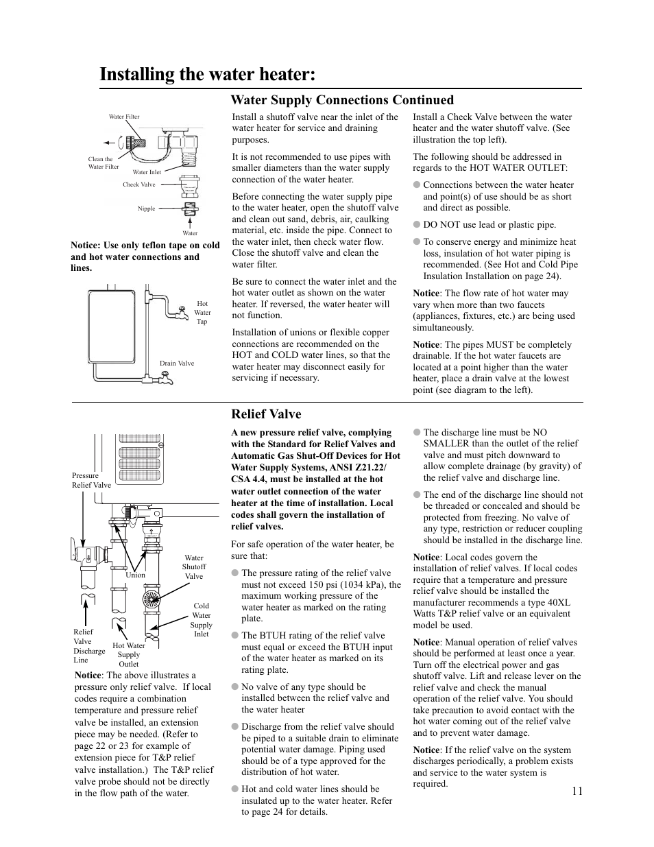 Installing the water heater, Relief valve, Water supply connections continued | Paloma PH-28c Indoor and Outdoor User Manual | Page 11 / 40