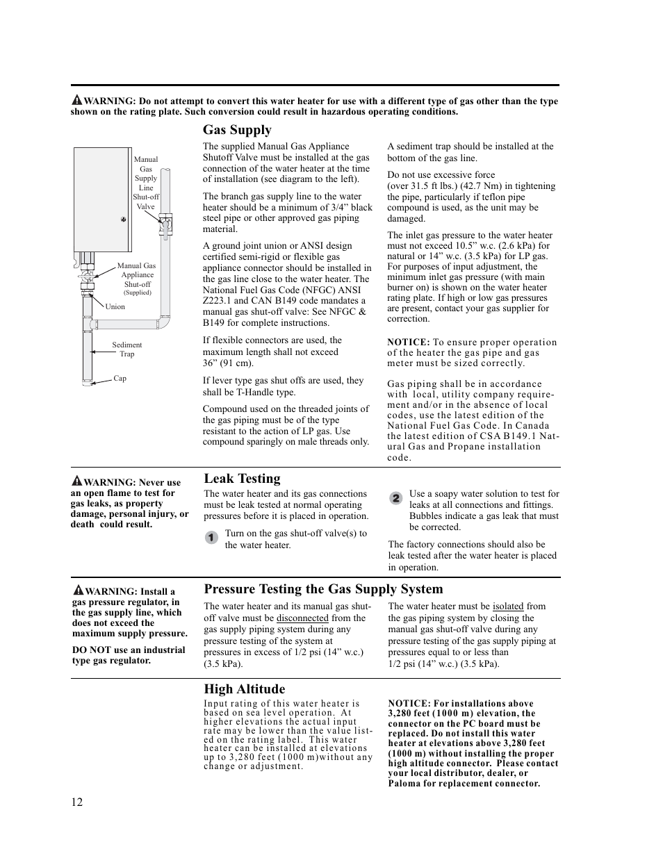 Leak testing, High altitude, Pressure testing the gas supply system | Gas supply | Paloma PH-28c Indoor and Outdoor User Manual | Page 12 / 40