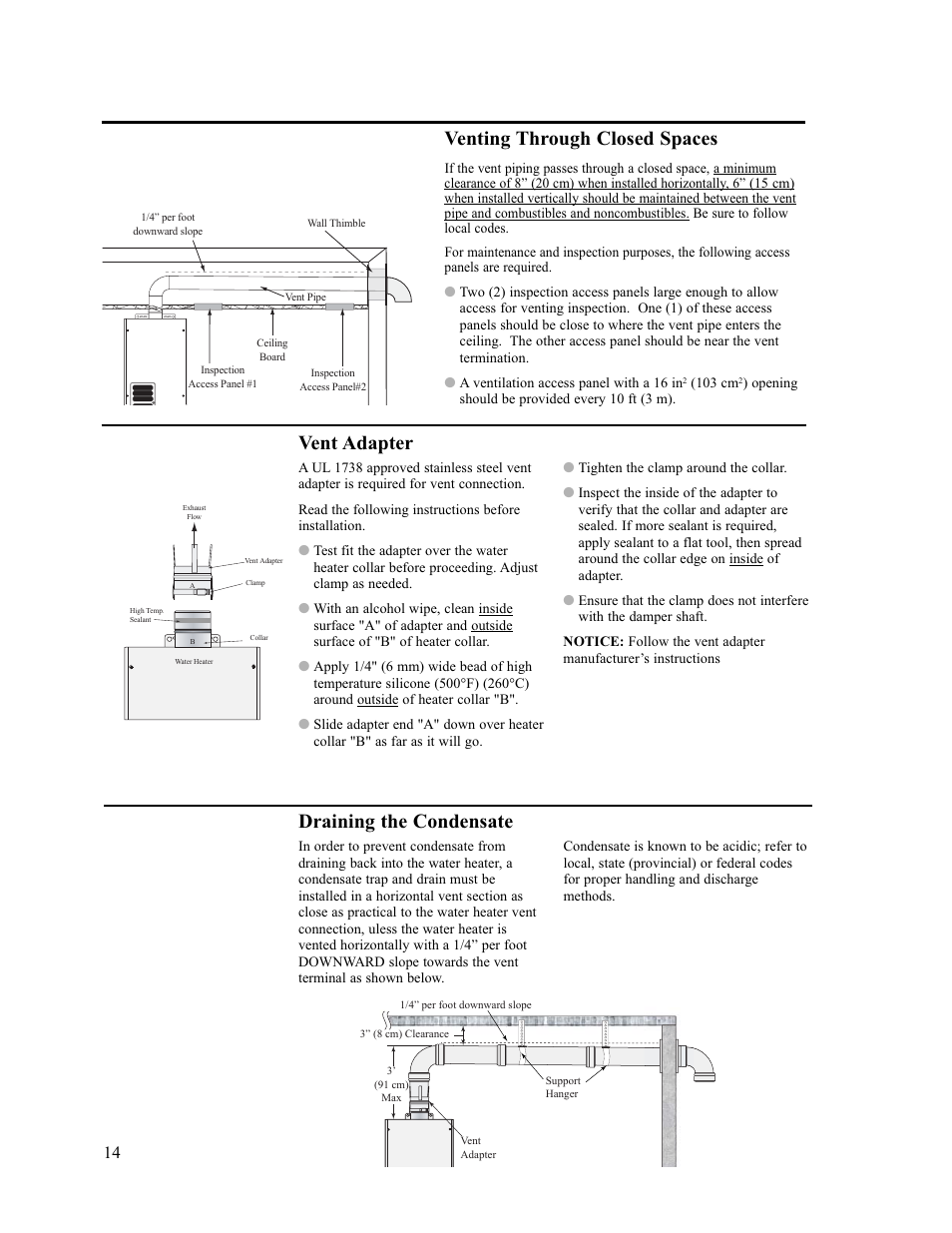 Venting through closed spaces, Vent adapter, Draining the condensate | Paloma PH-28c Indoor and Outdoor User Manual | Page 14 / 40