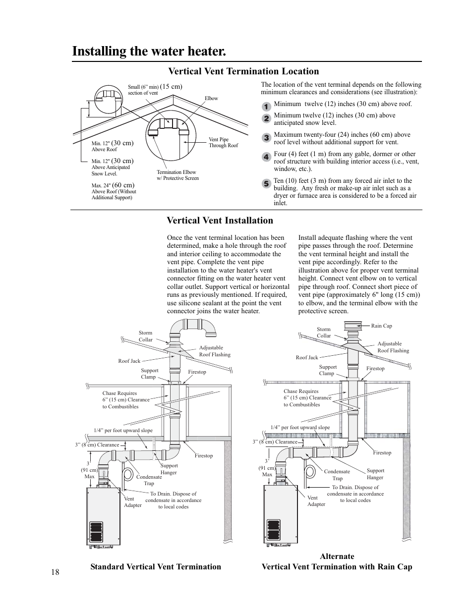 Installing the water heater, Vertical vent installation, Vertical vent termination location | Paloma PH-28c Indoor and Outdoor User Manual | Page 18 / 40