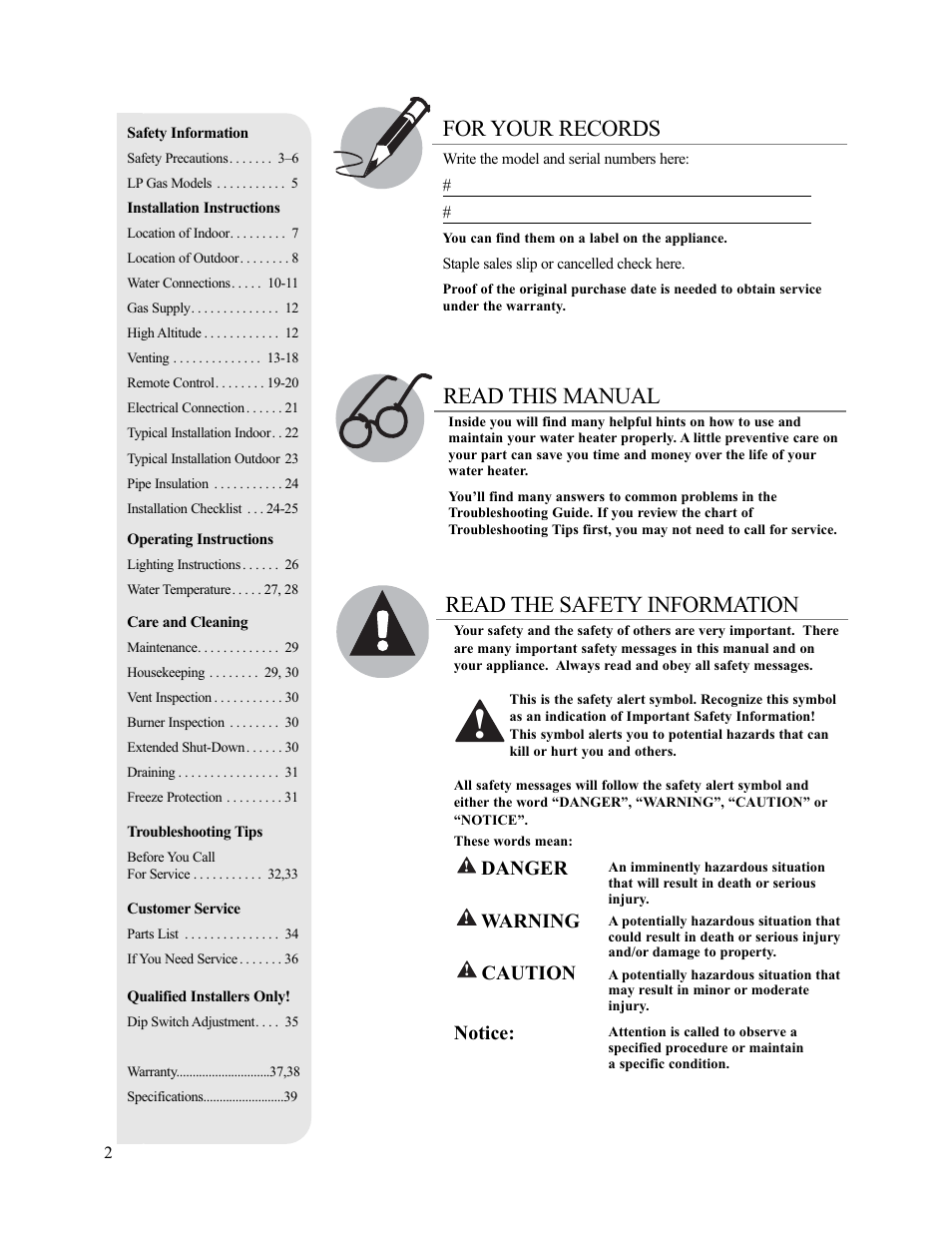 Read this manual for your records, Read the safety information, Danger | Warning, Caution, Notice | Paloma PH-28c Indoor and Outdoor User Manual | Page 2 / 40