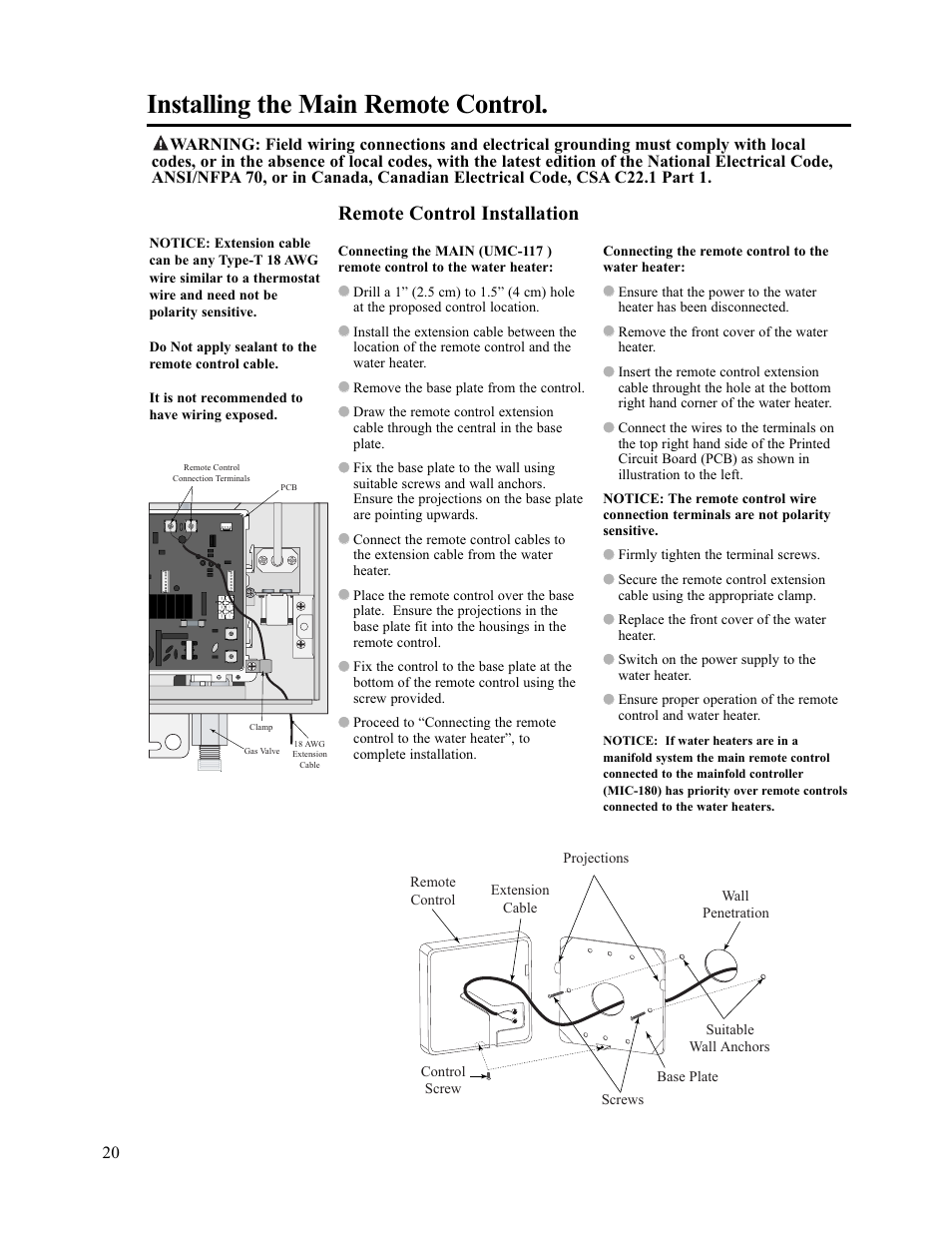 Installing the main remote control, Remote control installation | Paloma PH-28c Indoor and Outdoor User Manual | Page 20 / 40