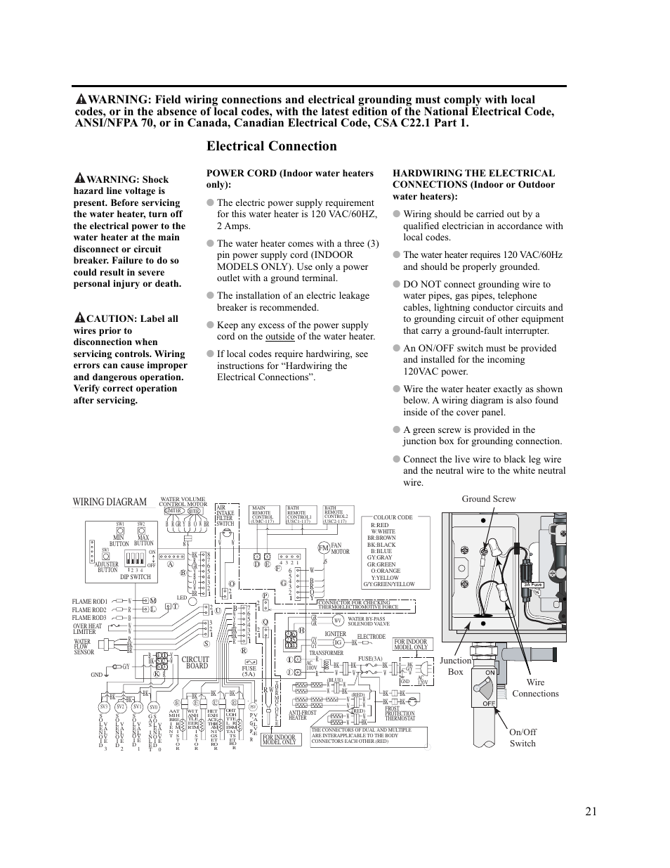 Electrical connection, Wiring diagram | Paloma PH-28c Indoor and Outdoor User Manual | Page 21 / 40