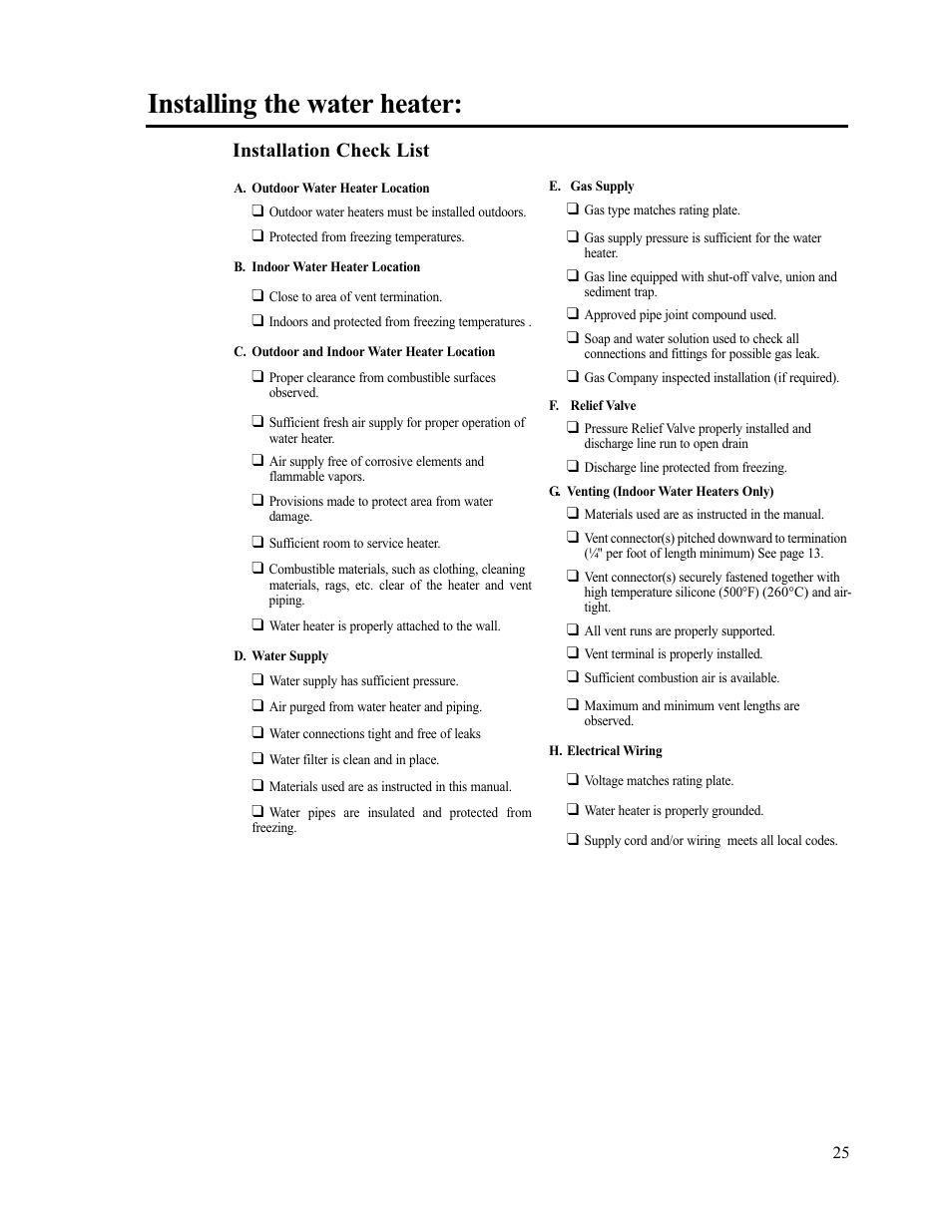 Installing the water heater, Installation check list | Paloma PH-28c Indoor and Outdoor User Manual | Page 25 / 40