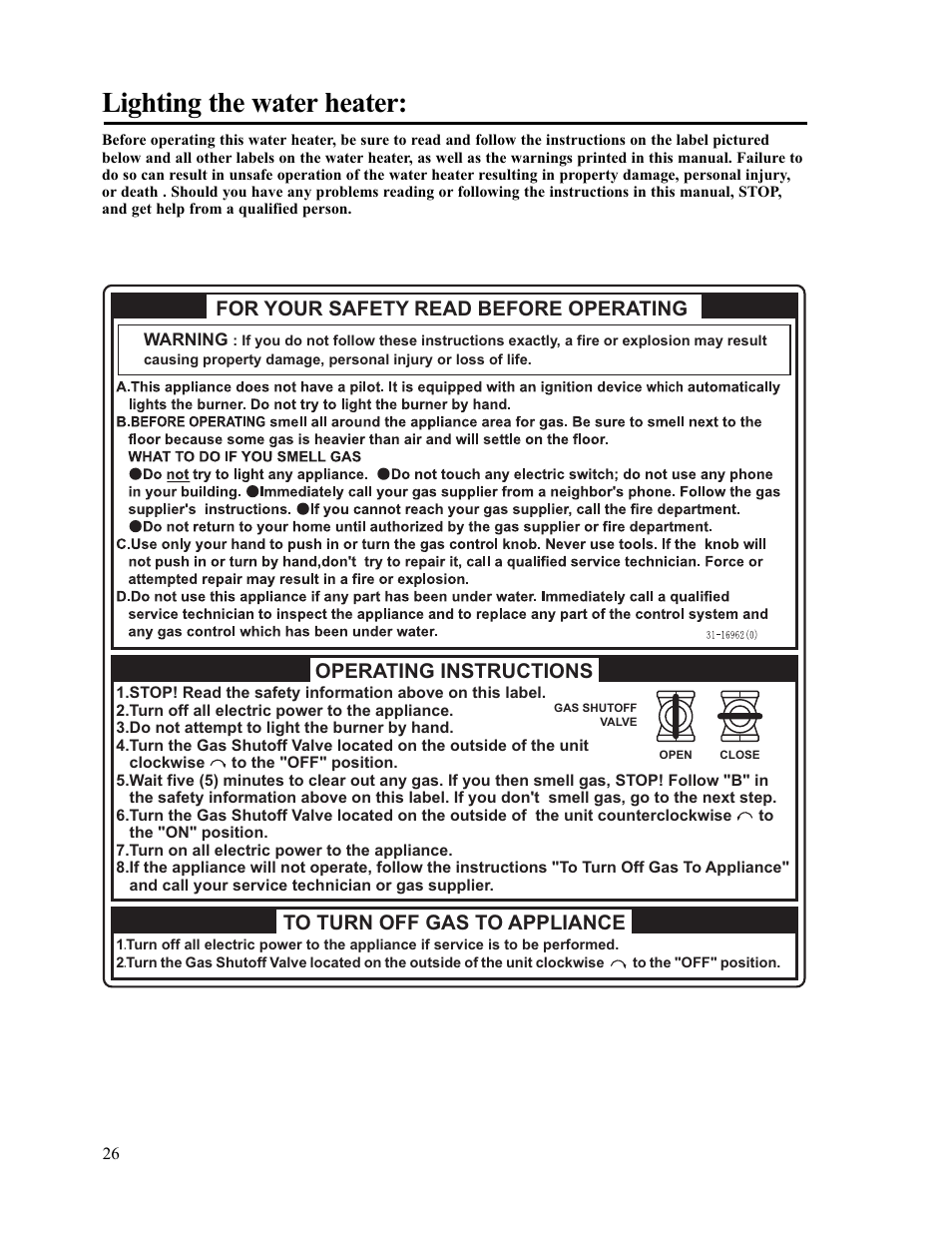 Lighting the water heater, For your safety read before operating, Operating instructions | Paloma PH-28c Indoor and Outdoor User Manual | Page 26 / 40