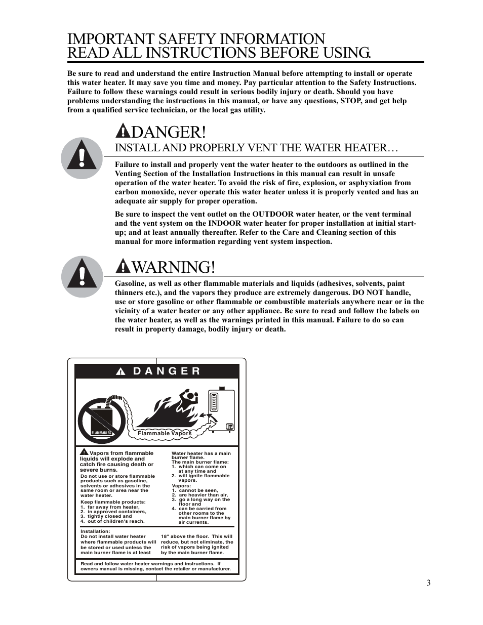 Danger, Warning, Install and properly vent the water heater | Paloma PH-28c Indoor and Outdoor User Manual | Page 3 / 40