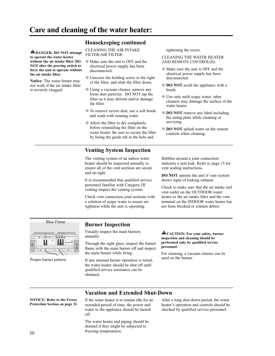 Care and cleaning of the water heater, Venting system inspection, Burner inspection | Vacation and extended shut-down, Housekeeping continued | Paloma PH-28c Indoor and Outdoor User Manual | Page 30 / 40