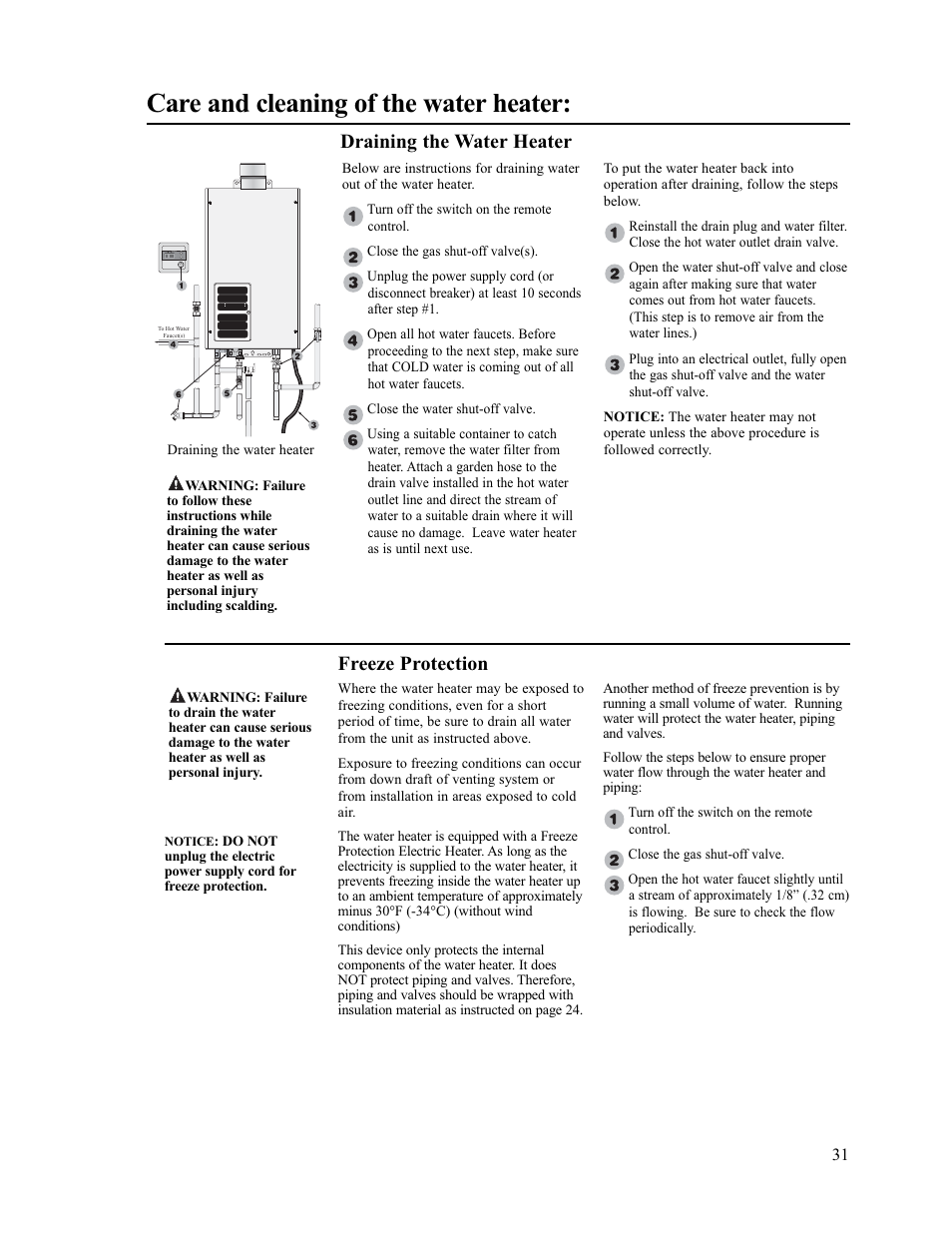 Care and cleaning of the water heater, Draining the water heater freeze protection | Paloma PH-28c Indoor and Outdoor User Manual | Page 31 / 40