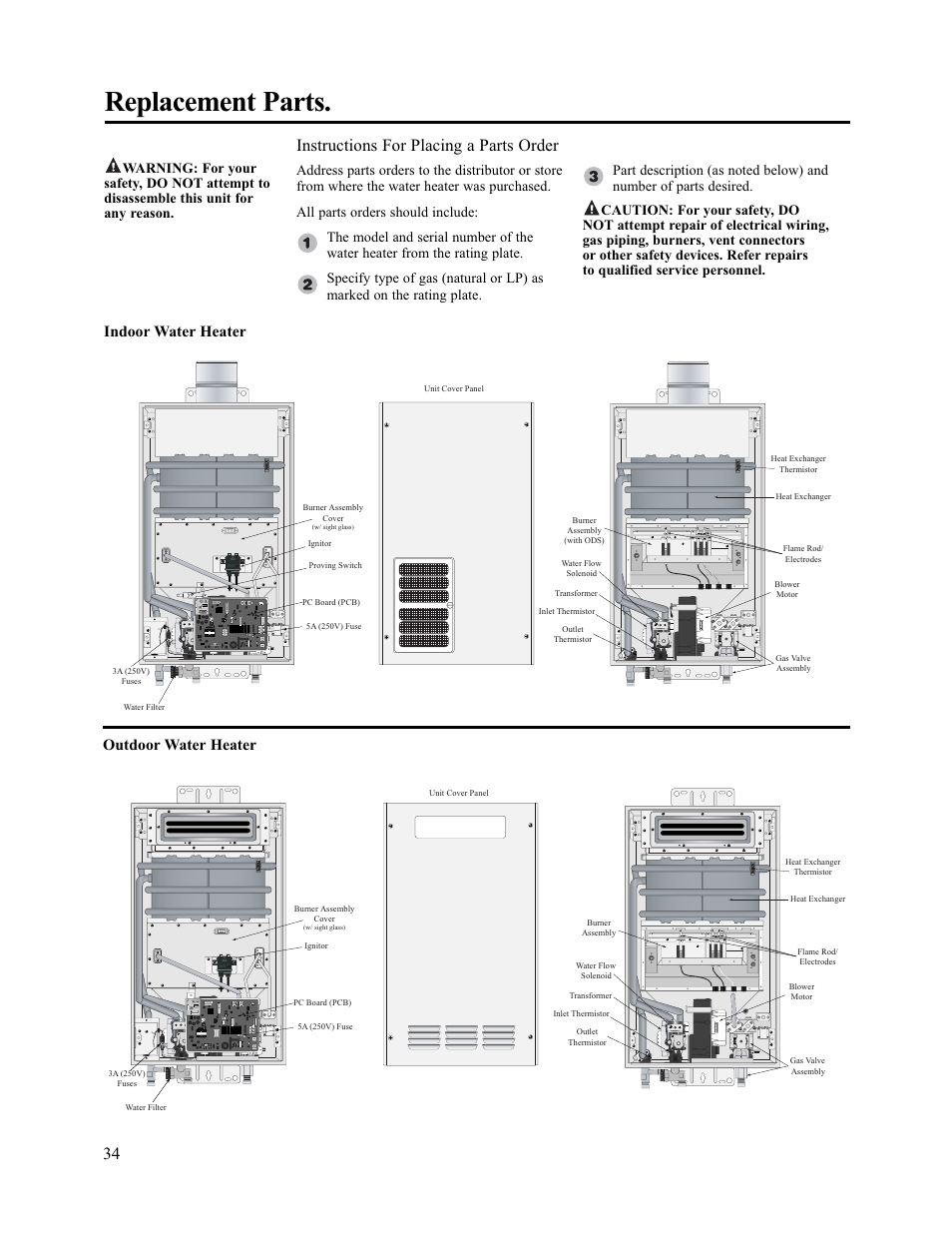 Replacement parts, Instructions for placing a parts order, Outdoor water heater | Indoor water heater | Paloma PH-28c Indoor and Outdoor User Manual | Page 34 / 40