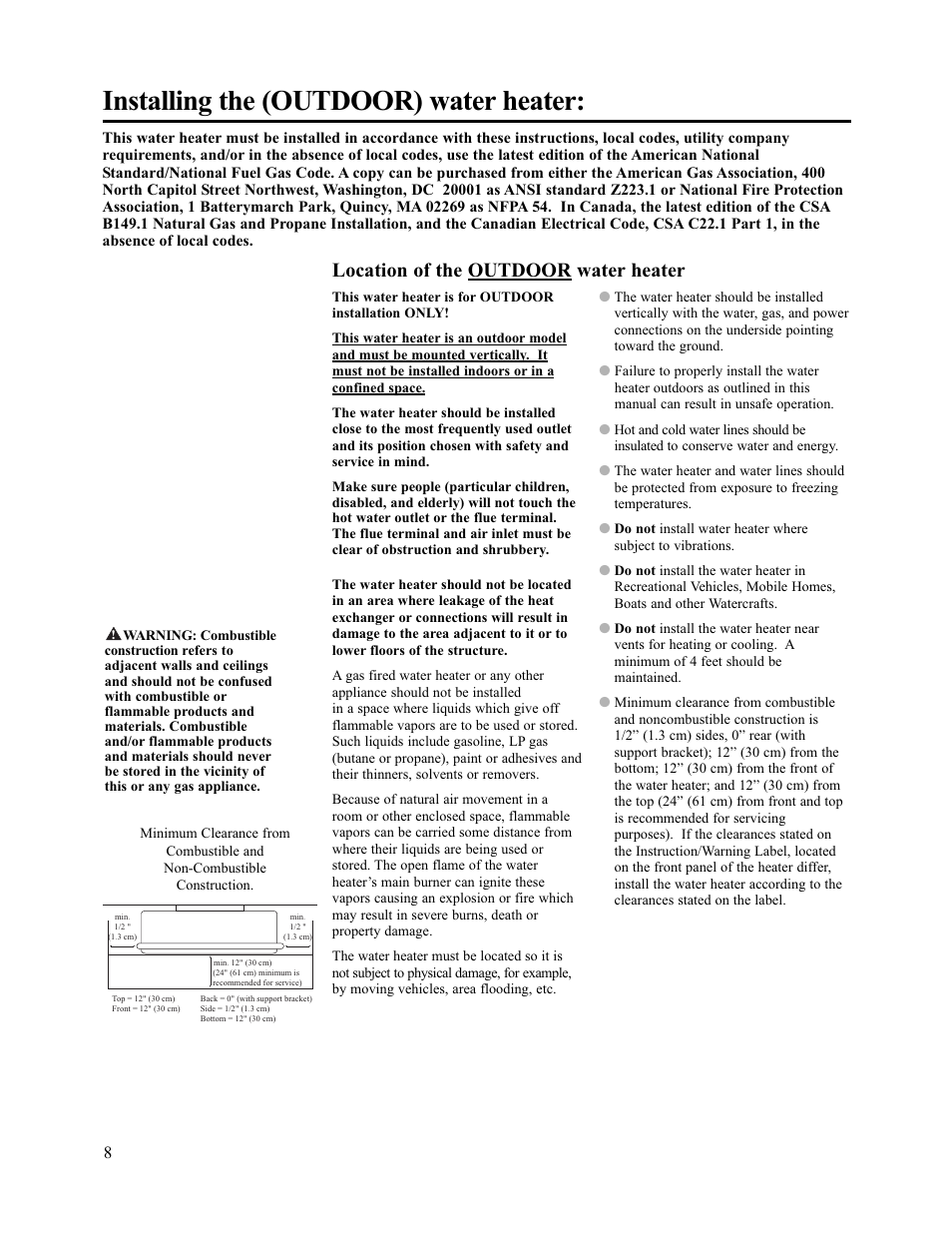 Installing the (outdoor) water heater, Location of the outdoor water heater | Paloma PH-28c Indoor and Outdoor User Manual | Page 8 / 40