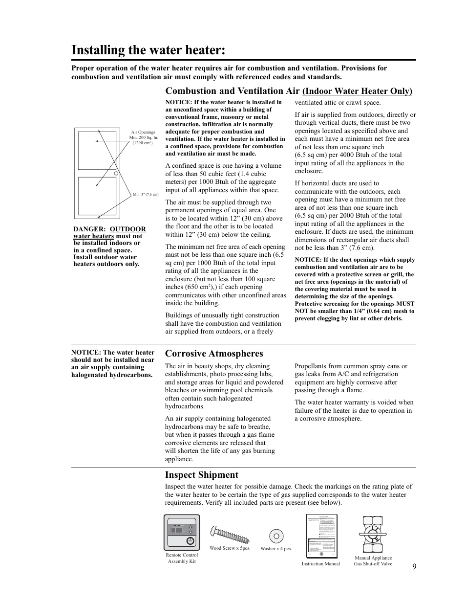 Installing the water heater, Combustion and ventilation air, Corrosive atmospheres | Inspect shipment, Indoor water heater only) | Paloma PH-28c Indoor and Outdoor User Manual | Page 9 / 40