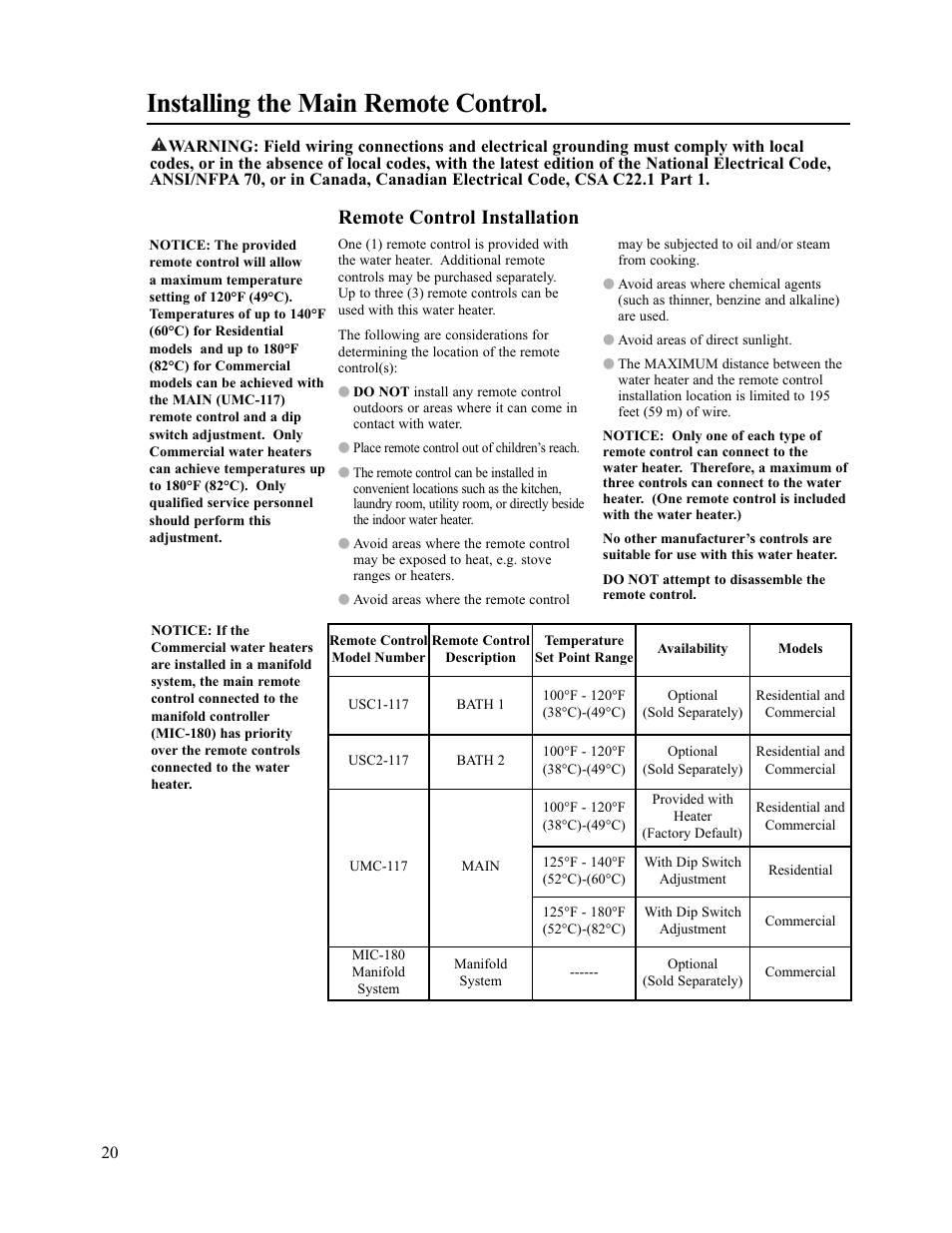 Installing the main remote control, Remote control installation | Paloma PH-28c Direct Vent User Manual | Page 20 / 40