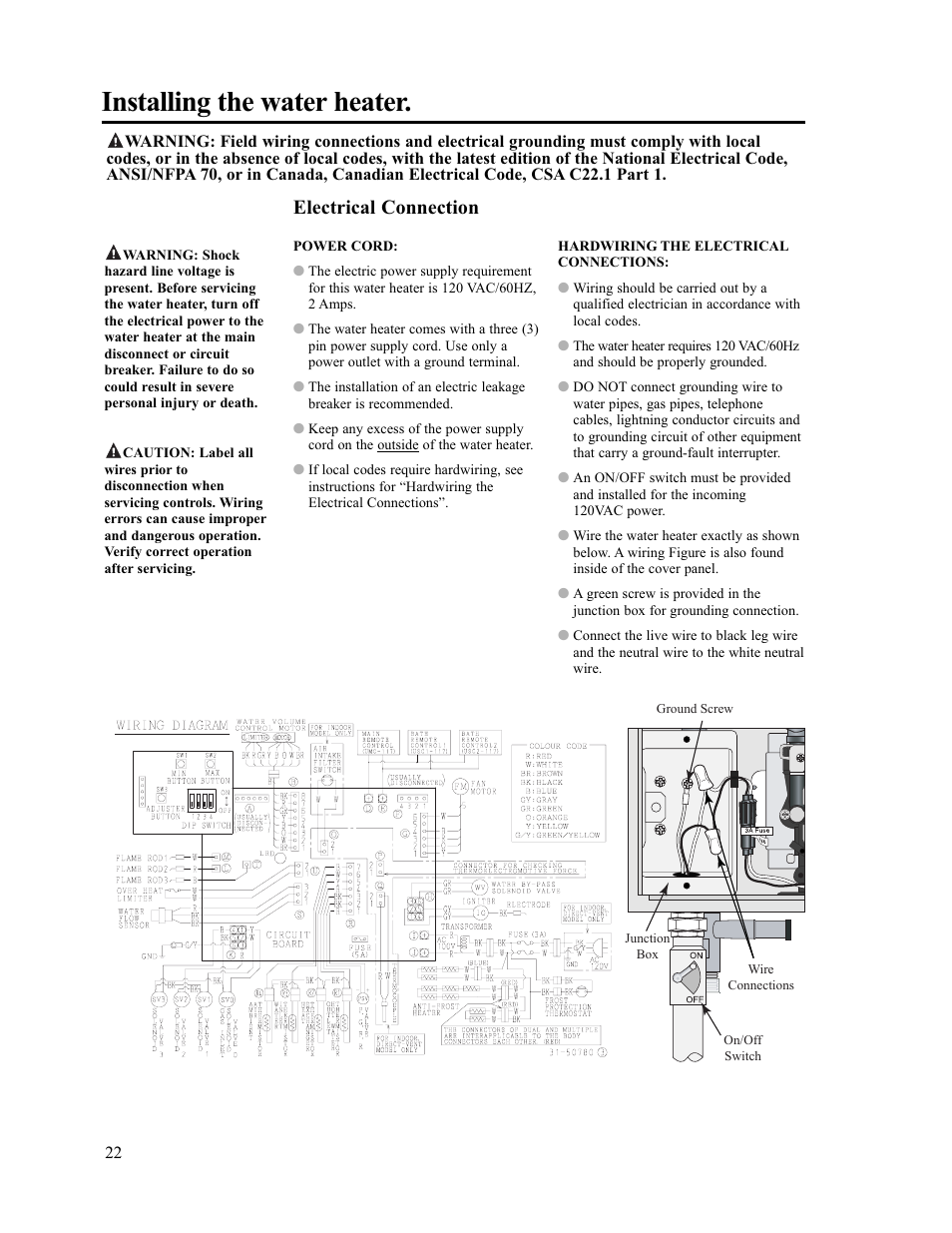 Installing the water heater, Electrical connection | Paloma PH-28c Direct Vent User Manual | Page 22 / 40