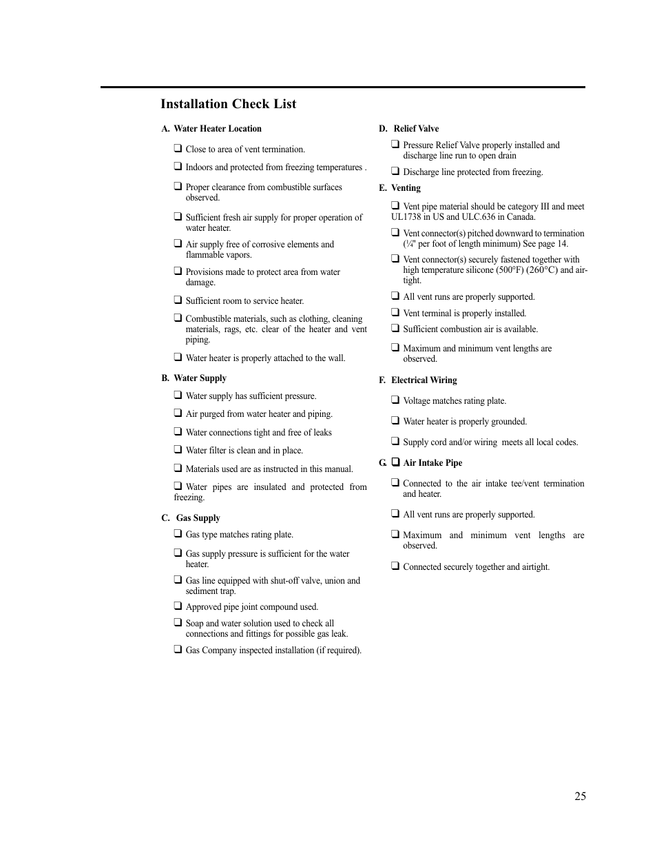 Installation check list | Paloma PH-28c Direct Vent User Manual | Page 25 / 40