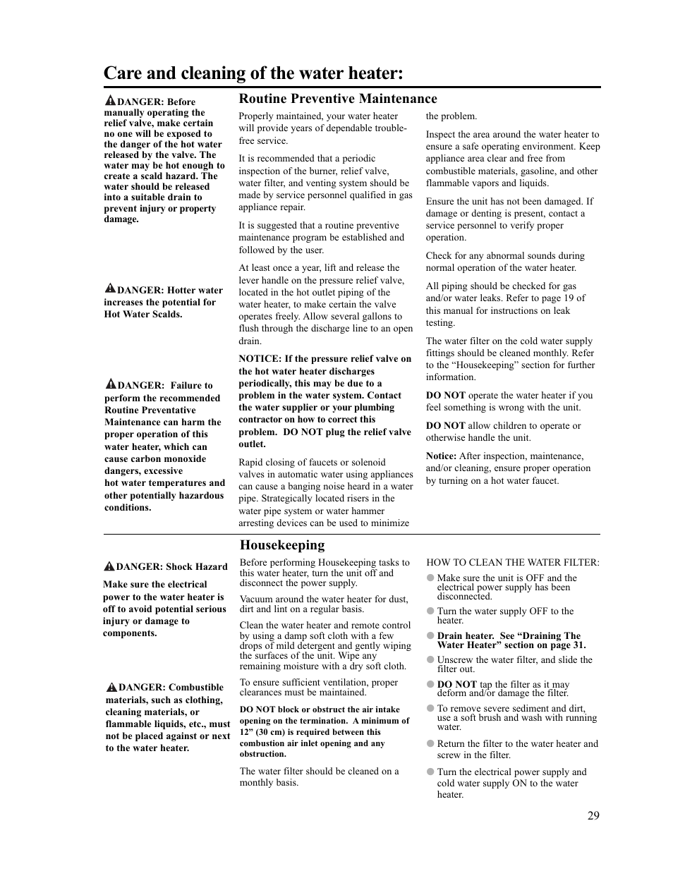 Care and cleaning of the water heater, Routine preventive maintenance, Housekeeping | Paloma PH-28c Direct Vent User Manual | Page 29 / 40