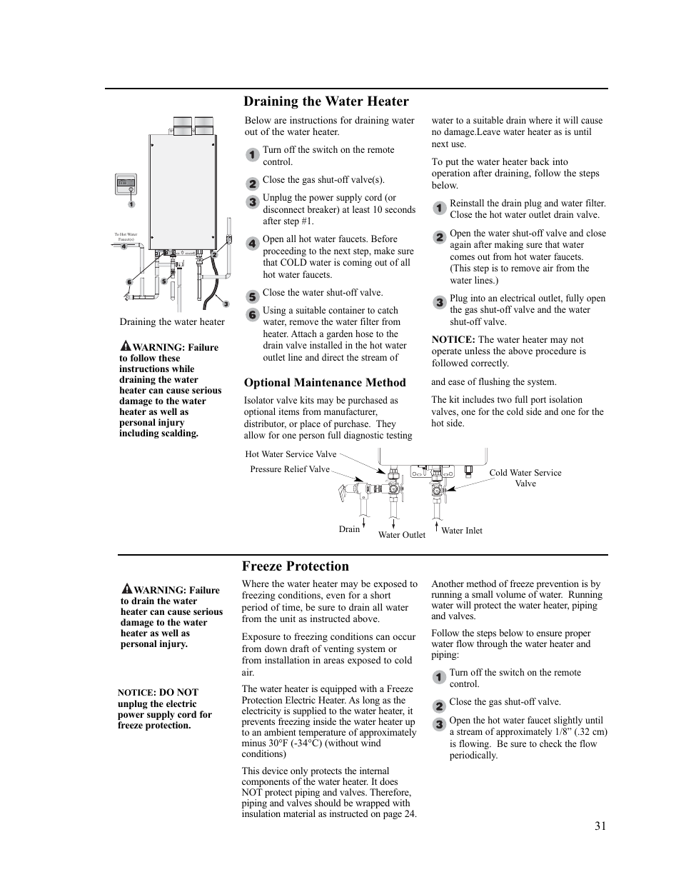 Draining the water heater freeze protection | Paloma PH-28c Direct Vent User Manual | Page 31 / 40