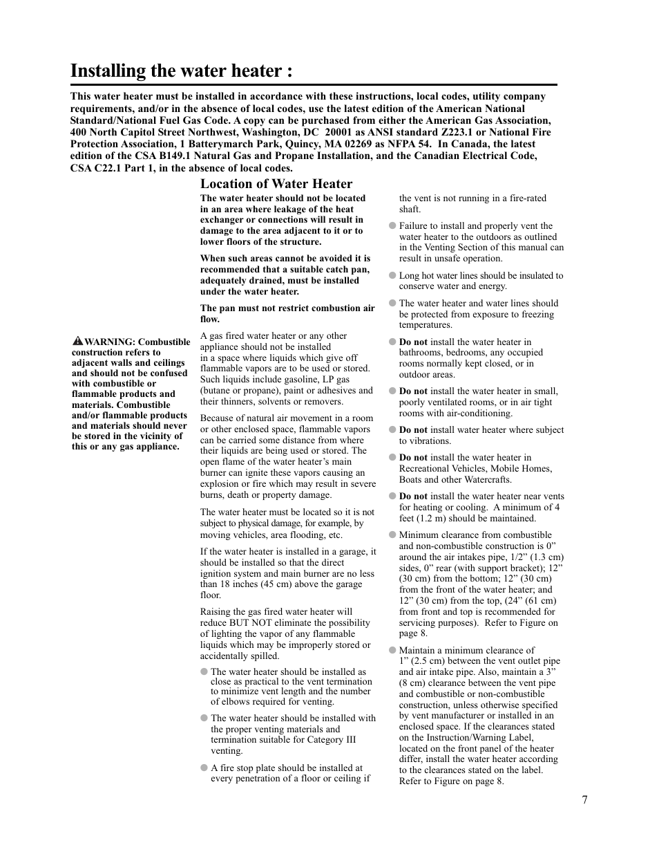 Installing the water heater, Location of water heater | Paloma PH-28c Direct Vent User Manual | Page 7 / 40