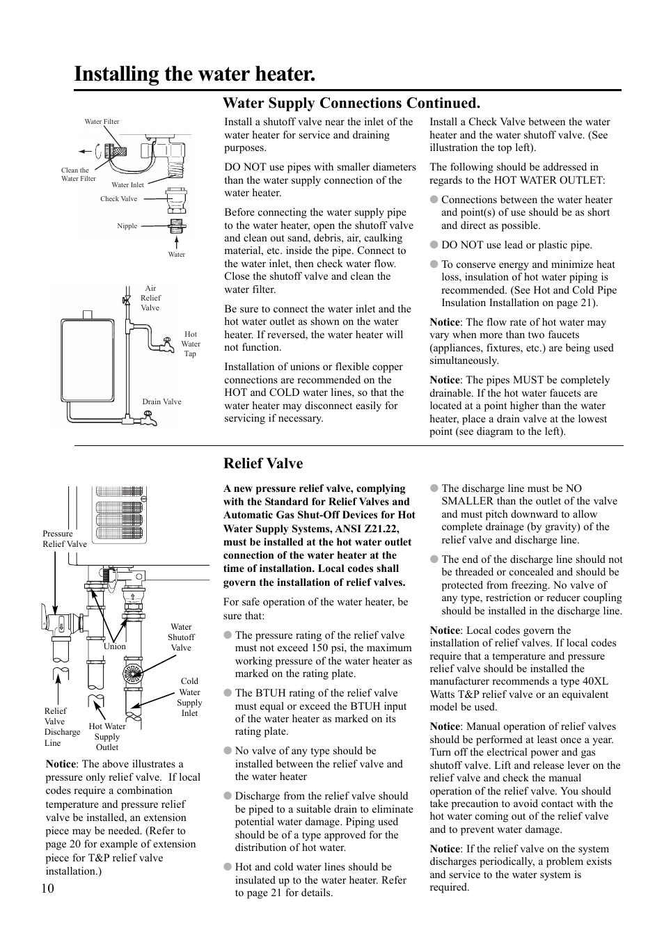 Installing the water heater, Relief valve, Water supply connections continued | Paloma 7.4 Series Residential Indoor Gas User Manual | Page 10 / 32