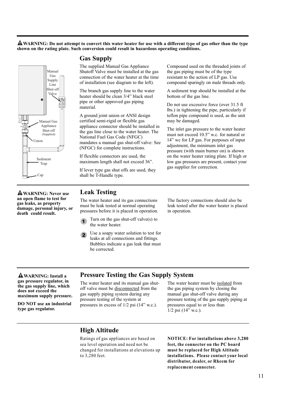 Leak testing, High altitude, Pressure testing the gas supply system | Gas supply | Paloma 7.4 Series Residential Indoor Gas User Manual | Page 11 / 32