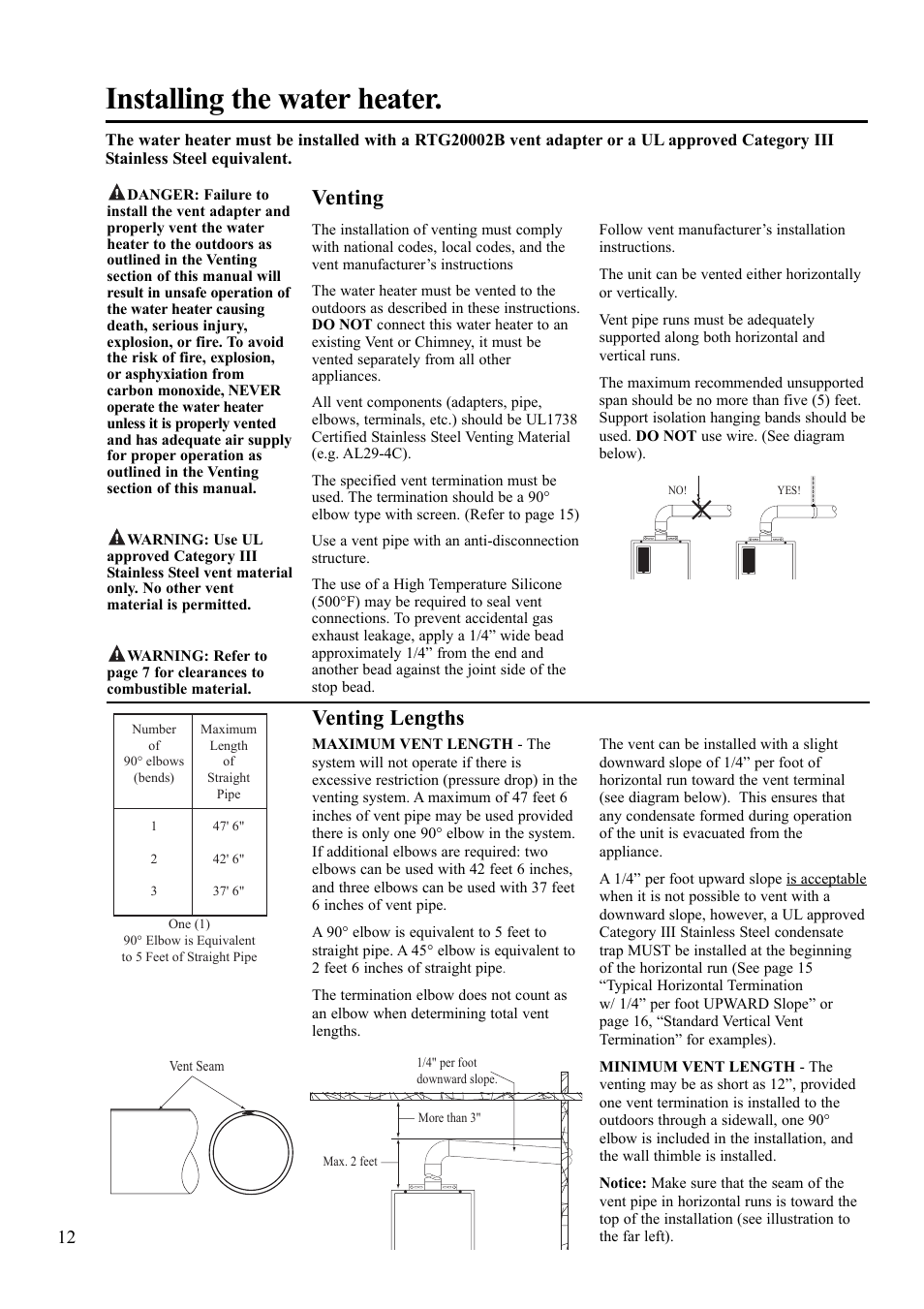 Installing the water heater, Venting, Venting lengths | Paloma 7.4 Series Residential Indoor Gas User Manual | Page 12 / 32