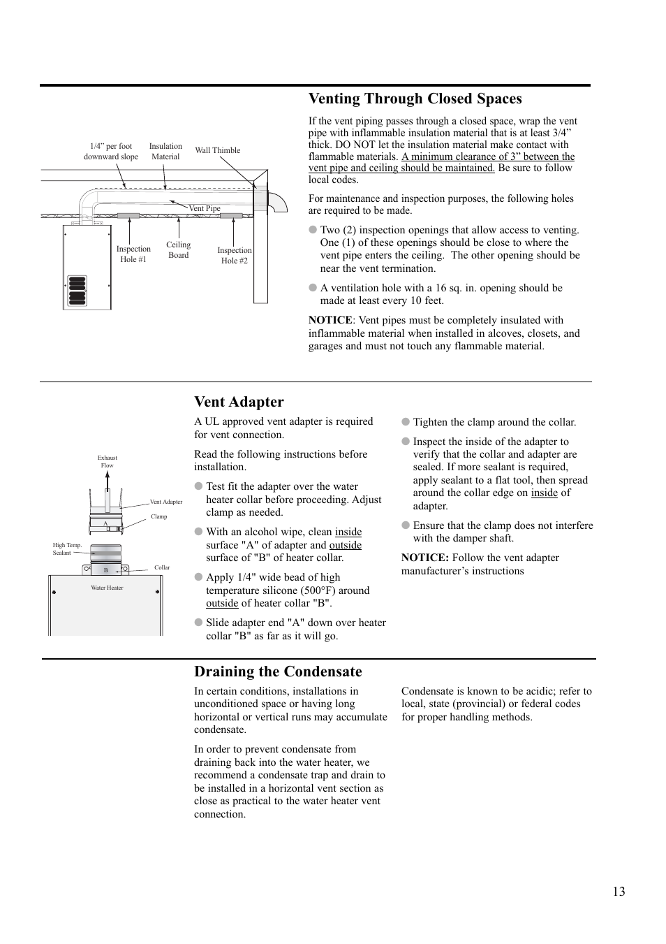 Venting through closed spaces, Vent adapter, Draining the condensate | Paloma 7.4 Series Residential Indoor Gas User Manual | Page 13 / 32