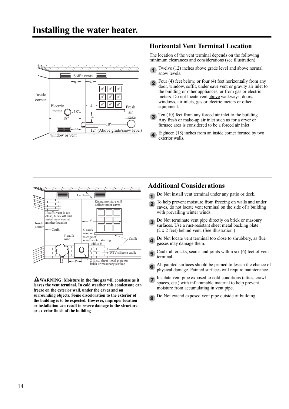 Installing the water heater, Horizontal vent terminal location, Additional considerations | Paloma 7.4 Series Residential Indoor Gas User Manual | Page 14 / 32