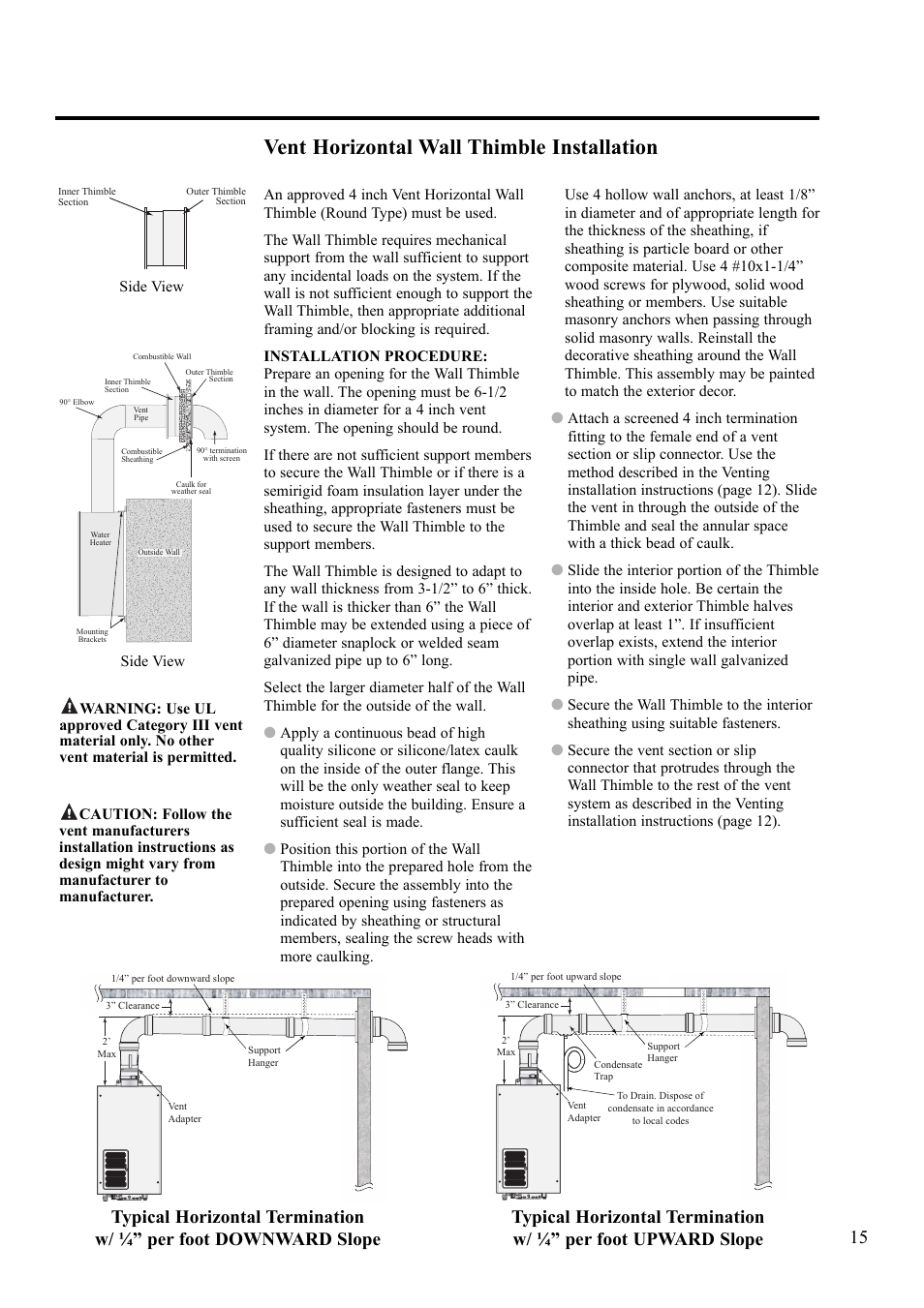 Vent horizontal wall thimble installation | Paloma 7.4 Series Residential Indoor Gas User Manual | Page 15 / 32