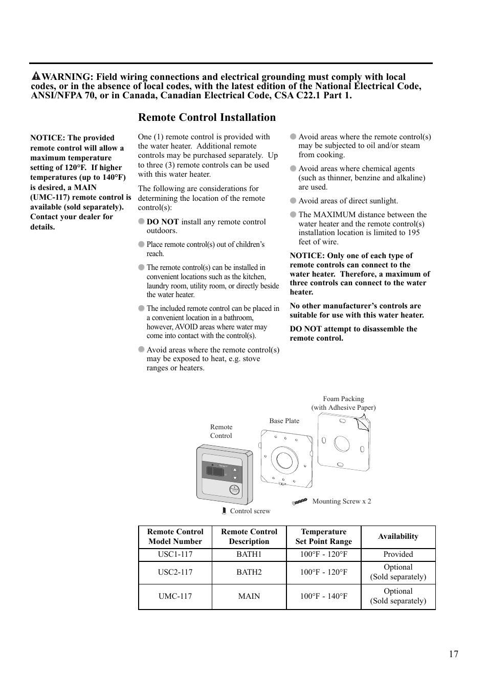 Remote control installation | Paloma 7.4 Series Residential Indoor Gas User Manual | Page 17 / 32