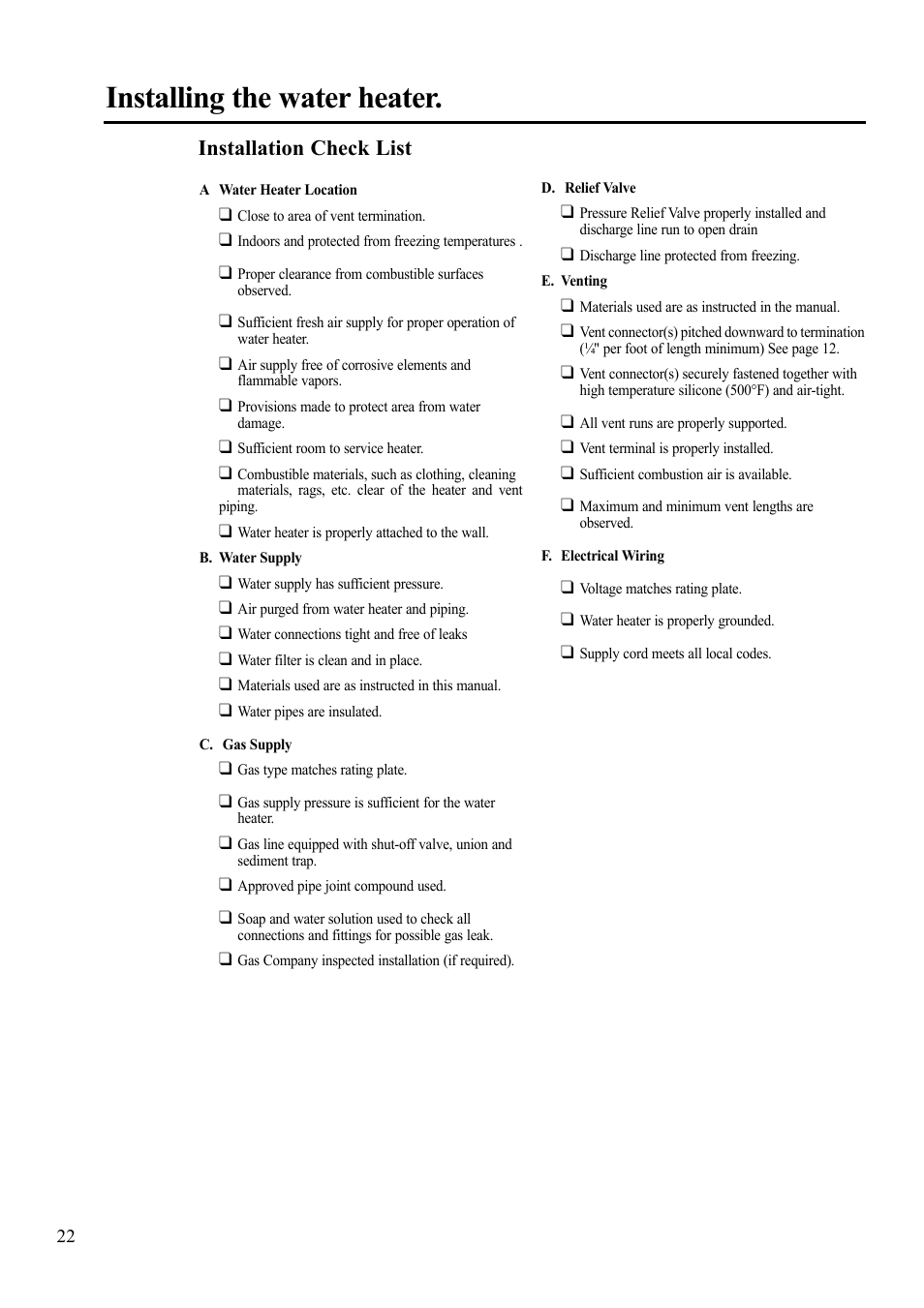 Installing the water heater, Installation check list | Paloma 7.4 Series Residential Indoor Gas User Manual | Page 22 / 32