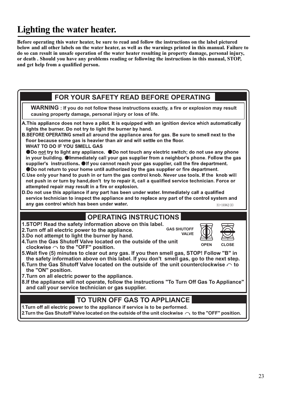 Lighting the water heater, For your safety read before operating, Operating instructions | Paloma 7.4 Series Residential Indoor Gas User Manual | Page 23 / 32