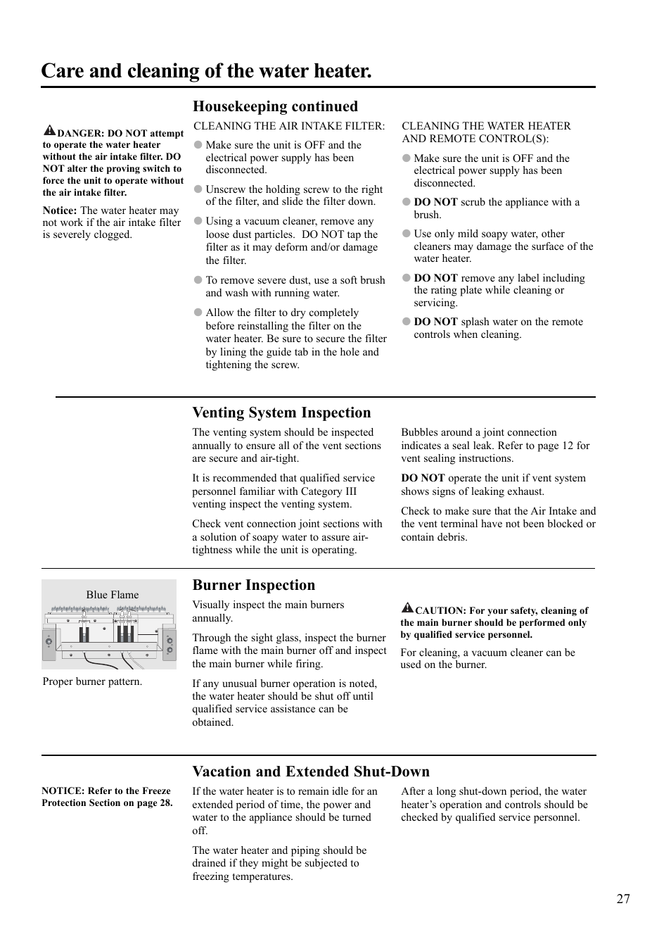 Care and cleaning of the water heater, Venting system inspection, Burner inspection | Vacation and extended shut-down, Housekeeping continued | Paloma 7.4 Series Residential Indoor Gas User Manual | Page 27 / 32