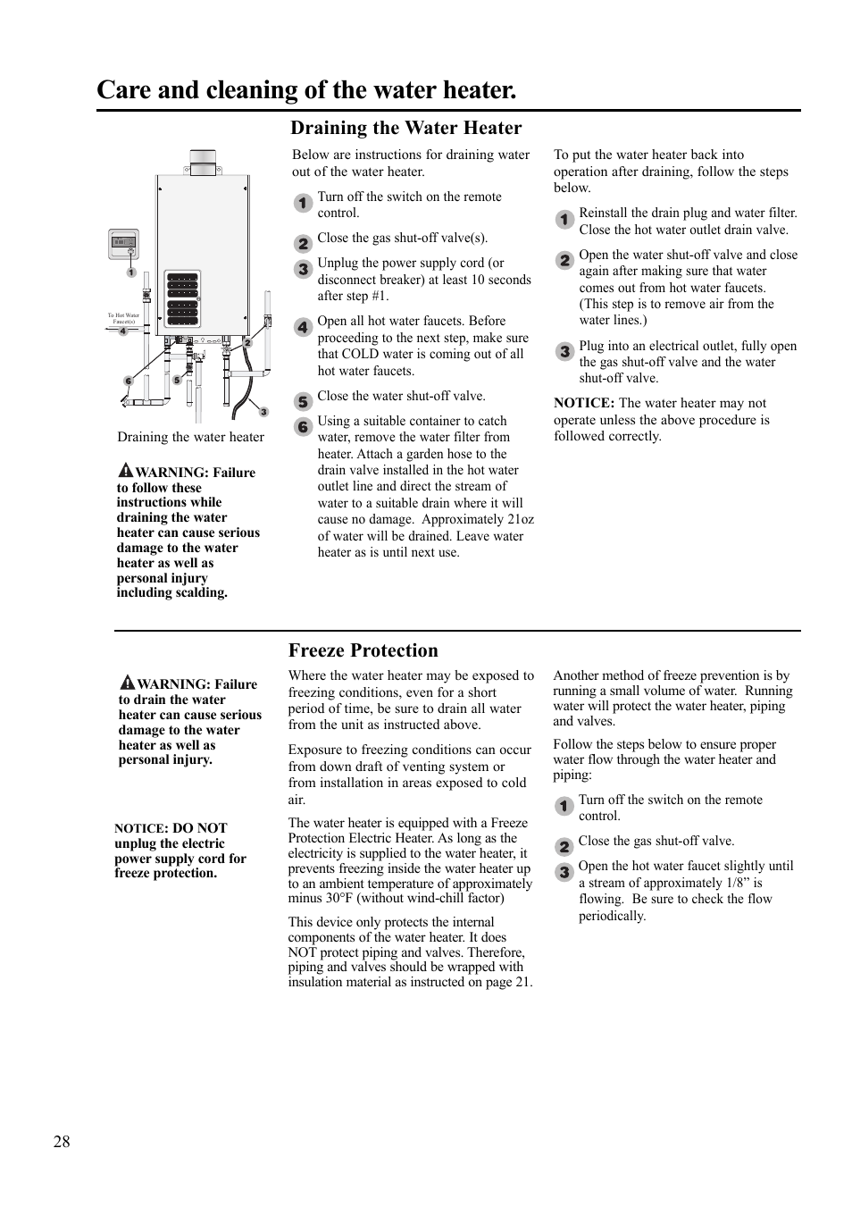 Care and cleaning of the water heater, Draining the water heater freeze protection | Paloma 7.4 Series Residential Indoor Gas User Manual | Page 28 / 32